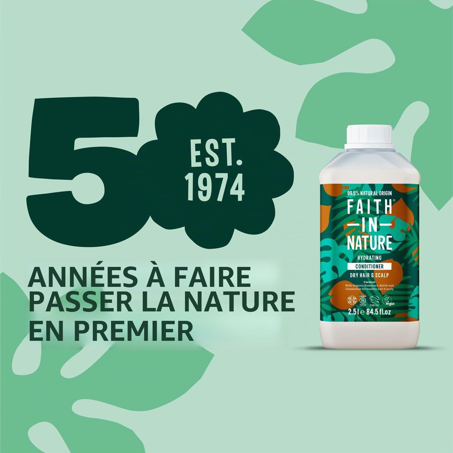 Faith In Nature Après-shampoing naturel à la noix de coco, hydratant, végétalien et sans cruauté envers les animaux, sans SLS ni parabènes, pour cheveux normaux à secs, 2,5 L, blanc cassé