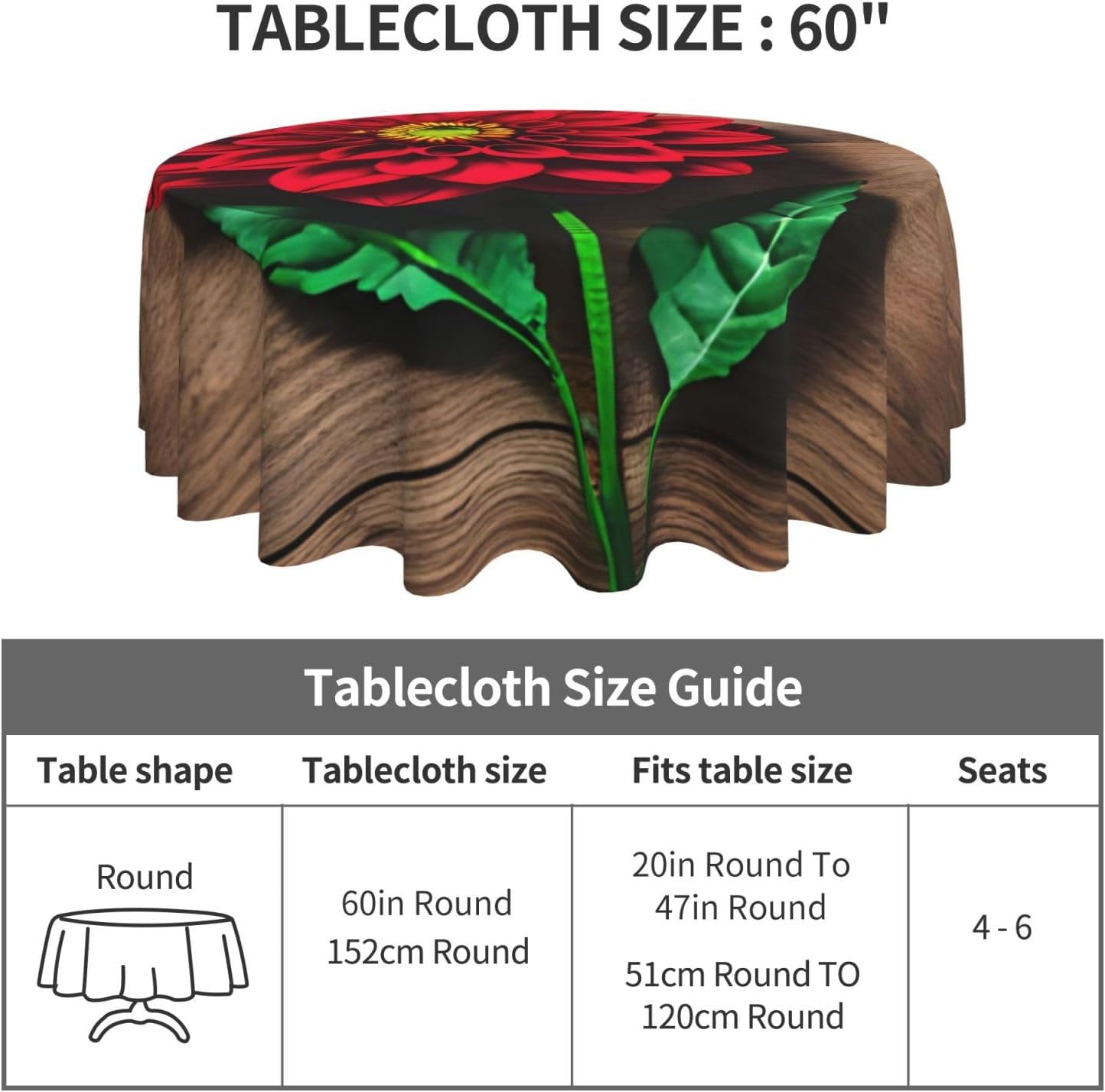 Wooden Board Retro Flower Red Dahlia Print Wrinkle Free Dining Table Cover for Birthday Party Farmhouse Tablecloths Up to 60 x 60 Inches