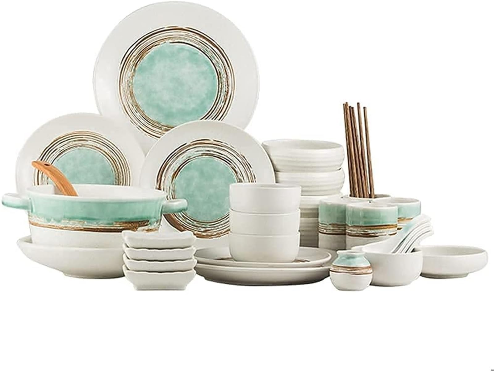 Zestaw zastawy stołowej do domu lub specjalnej restauracji, 34-elementowy zestaw zastawy stołowej, zielony zestaw porcelany z talerzami, miskami i kubkami