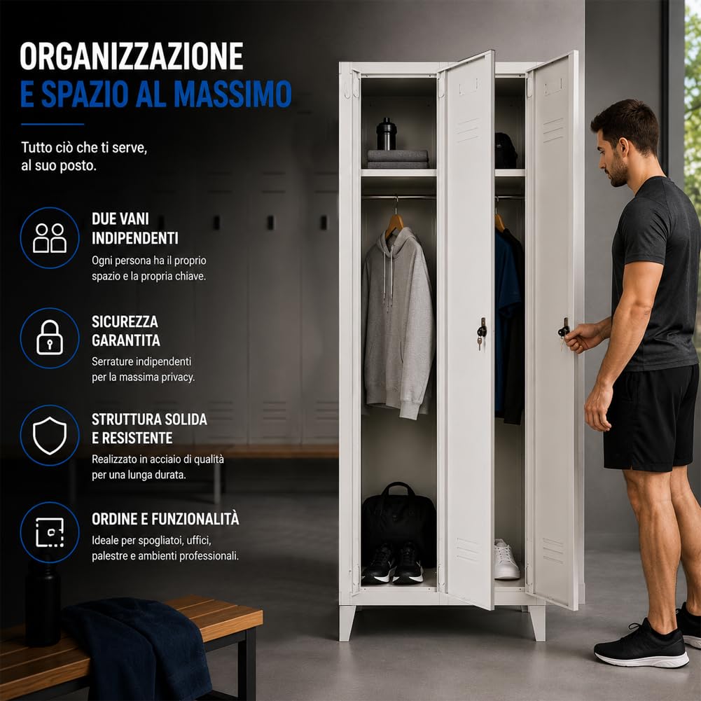 BAKAJI Armadio Metallo Spogliatoio 2 Ante con serratura 66x36x180H cm | Chiusura a Chiave, Grigio, Ripiano Superiore, Asta Appendiabiti, Salvaspazio Multiuso