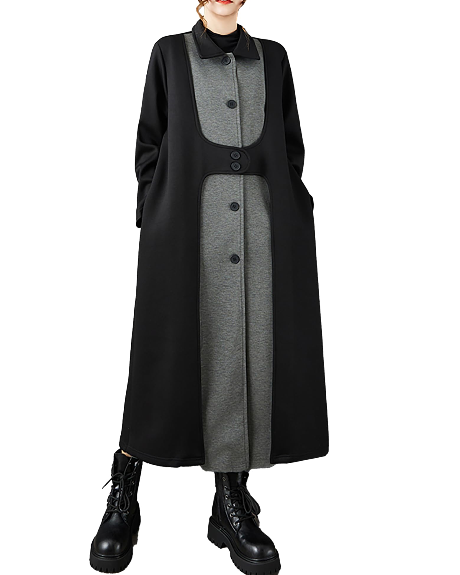 ellazhu Damen-Mantel, Revers, Knopfleiste, Patchwork, langärmelig, Seitentaschen, Maxi-Saum, GZ719 A