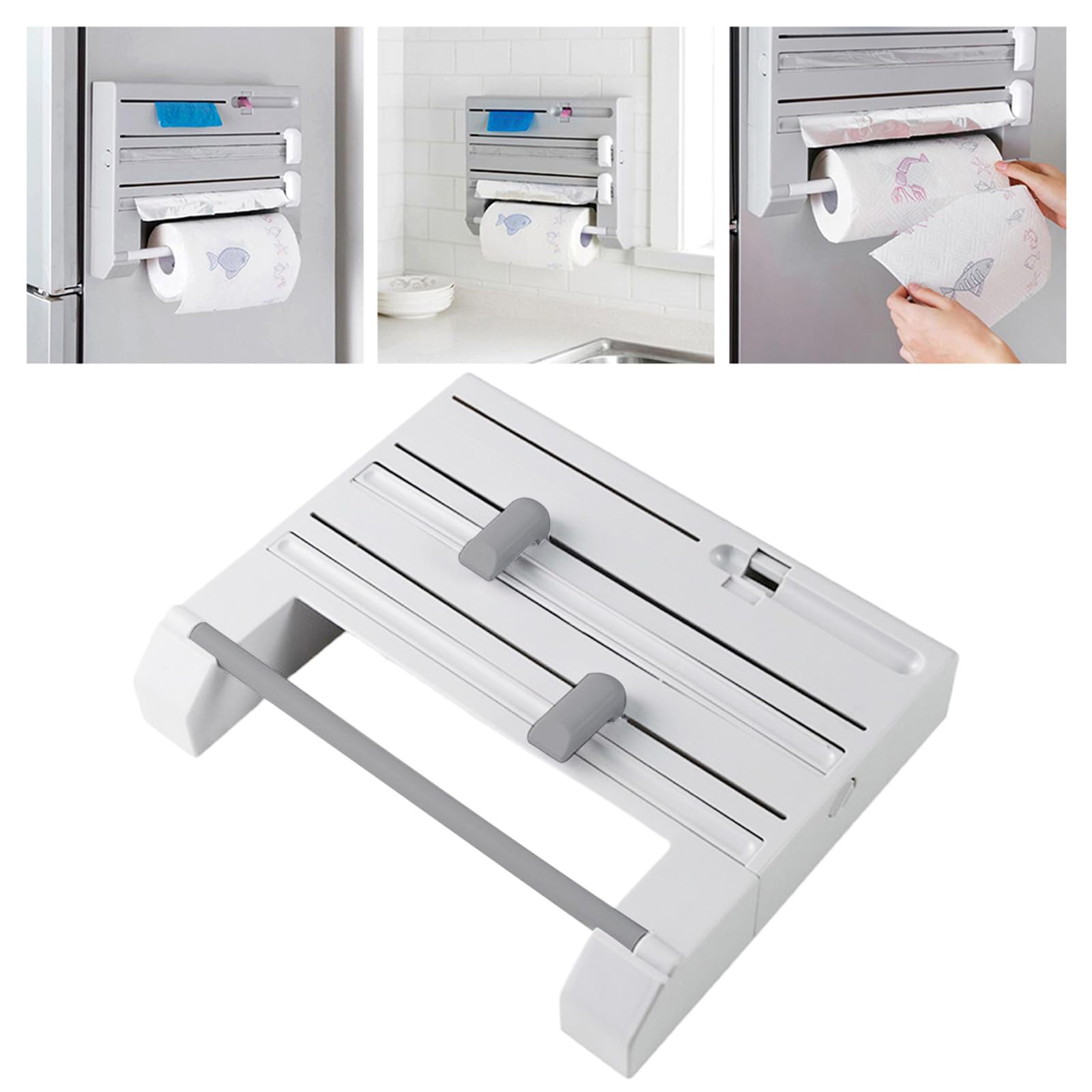 Hattba White 6 In 1 Kitchen Storage Rack Multifunctional Paper Towel Holder Cling Film Cutter Wrap Foil Dispenser