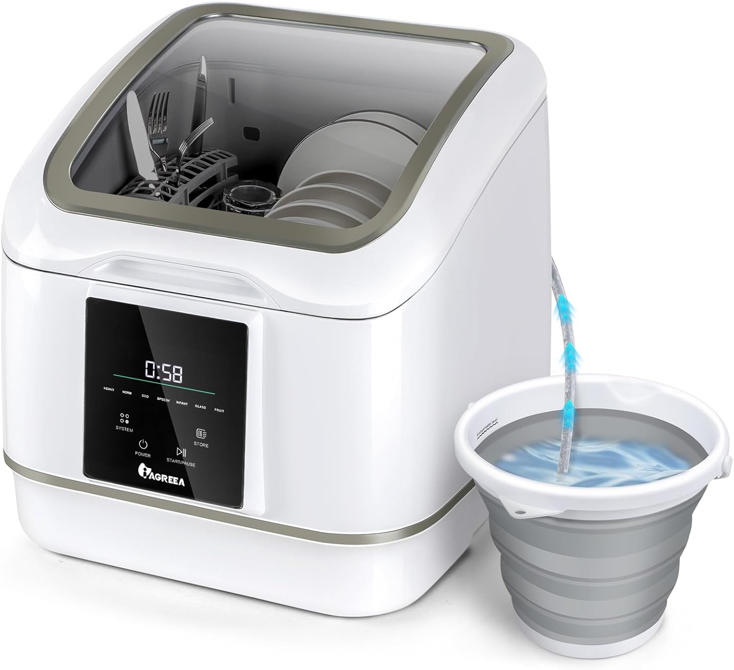 IAGREEA Portable Countertop Dishwasher, 7 Washing Programs Compact Mini Dishwasher, No Hook Needed, Anti-Leakage, Fruit & Vegetable Soaking, For 4 Sets of Tableware