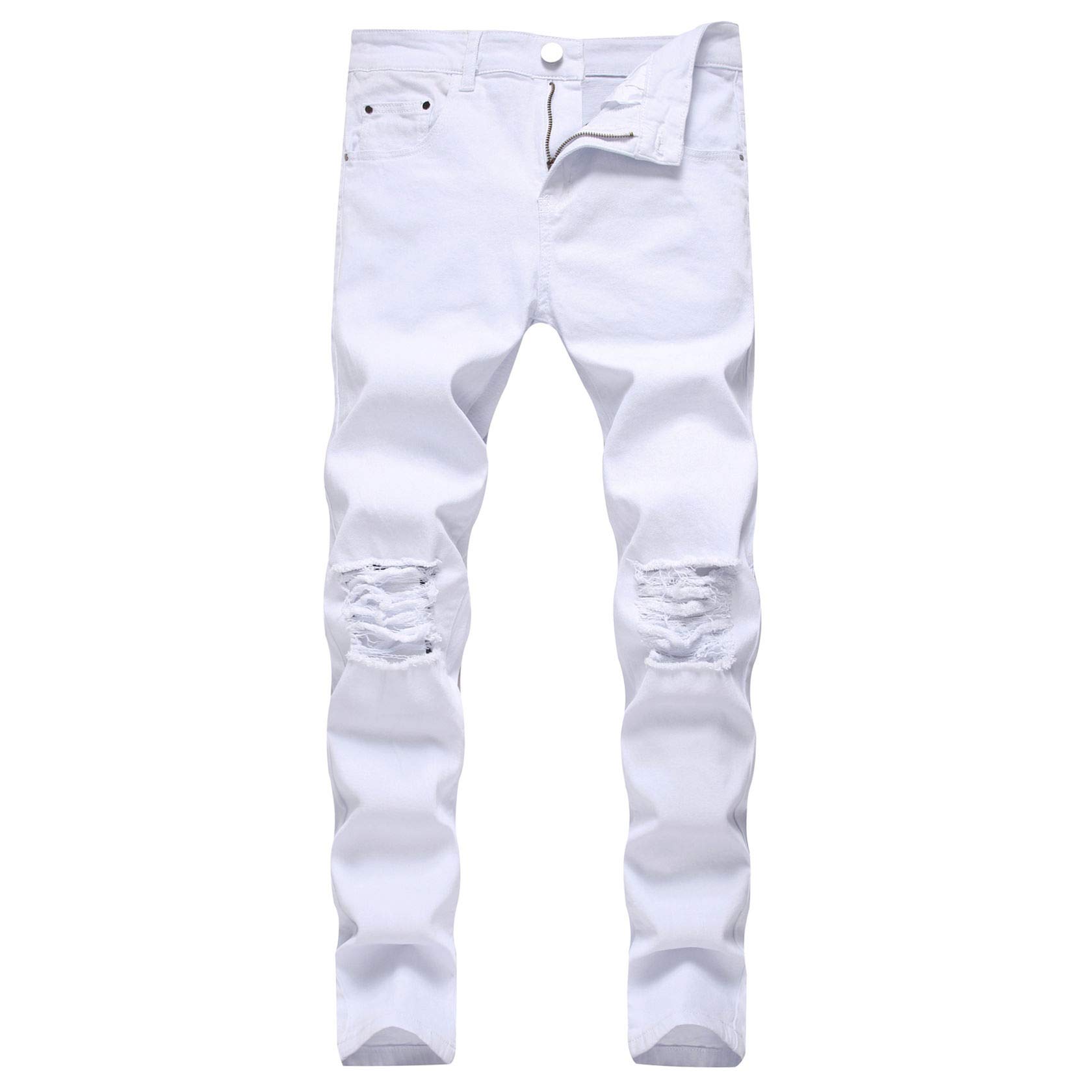 Mens Knee Holes Jeans Skinny Vintage Fitted Taped Jean Trousers Tapered Leg Ripped Destroyed Stretchy Denim Pants