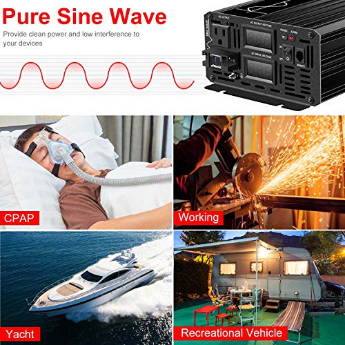 XIJIA 3000W (Peak 6000W) Pure Sine Wave Power Inverter DC 12V to AC 120V 60HZ Solar Converter for Home Use car Remote Control (DC12V (Range 10V-15V) 3000W)