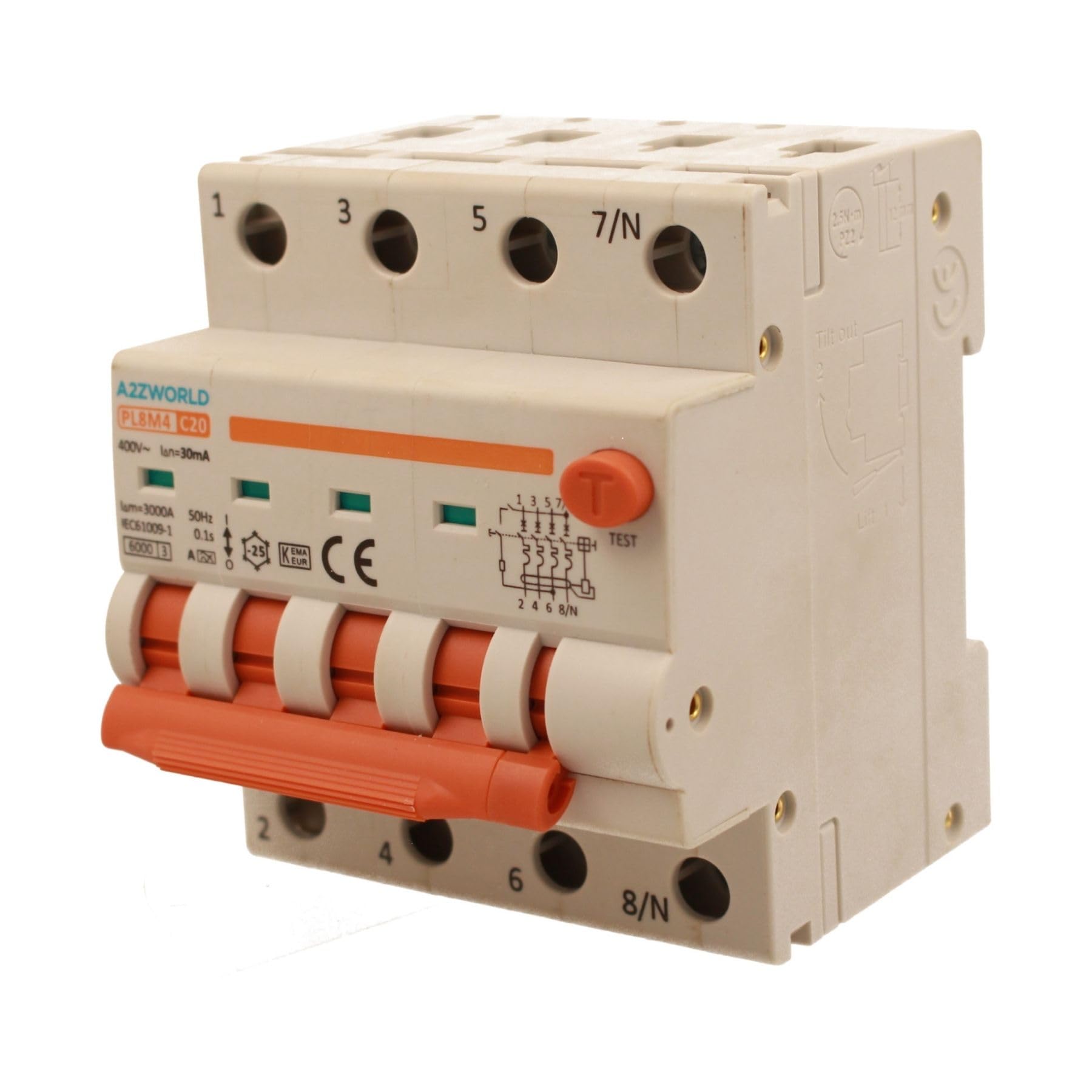 Interruptor diferencial magnetotérmico trifásico 380 V tipo A 20 A C20, 4P real (NO 3P + N), curva C 6 kA 30 mA, doble palanca con diagnóstico visual, 4 módulos DIN, serie PL8M4