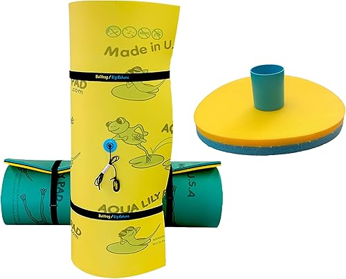 Miniatura 1 de Aqua Lily Pad 20 pies Bullfrog Isla de espuma flotante, amarillo con soporte flotante reversible para bebidas Cóctel Caddy, verde azulado (2