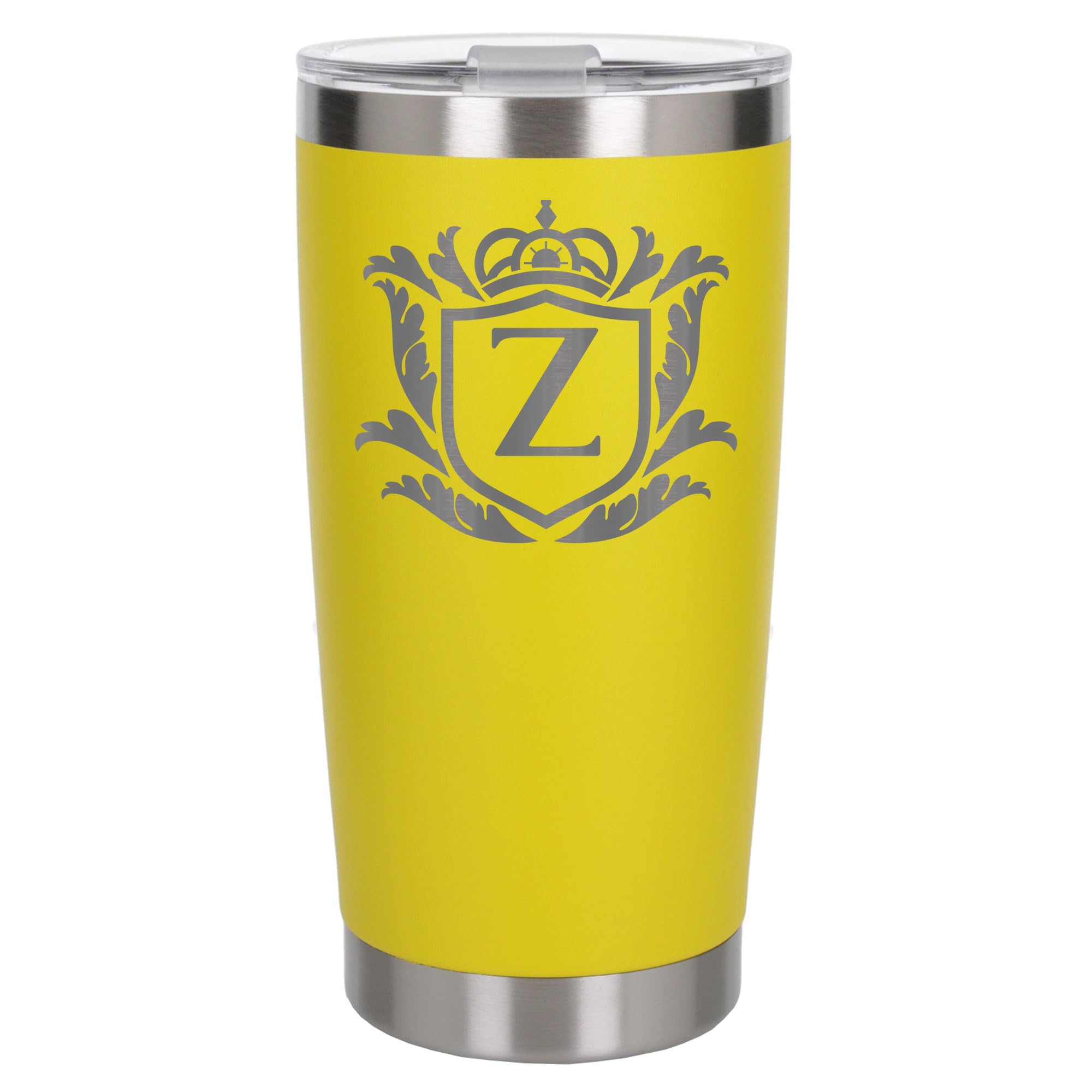 Customised Gifts 500ml Engraved Shield Initial Monogram Insulated Personalised Yellow Travel Mug for Men and Women - Personalised Initial Coffee Travel Mug for Hot and Cold Beverages, Letter Z