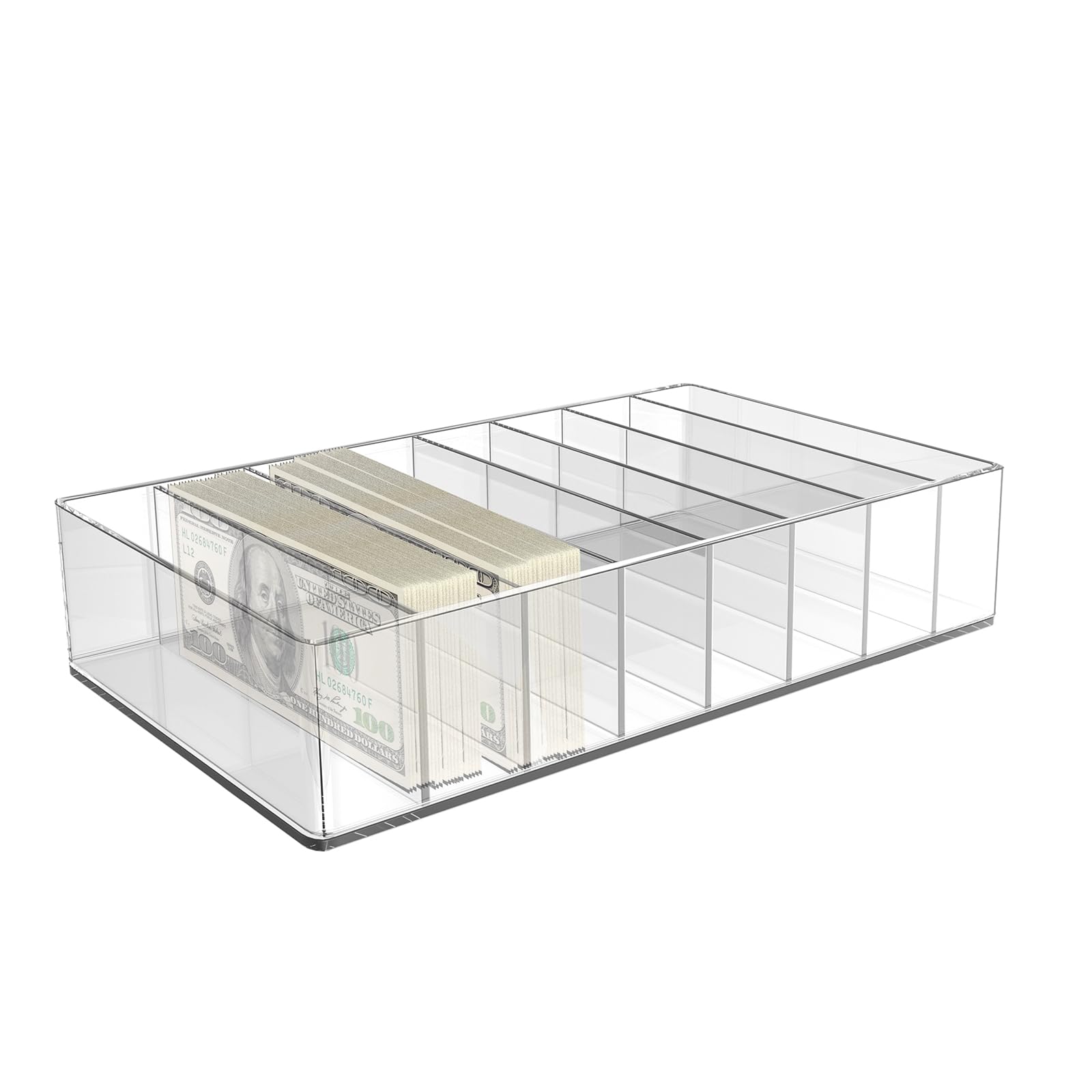 Large Cash Organizer 8 Sections Clear Money Budget Tray Organizer Plastic Divider Bill Storage Holder for Money Budget Envelopes, Palette Makeup, Cables and More, 10 x 7 x 2.2 Inch