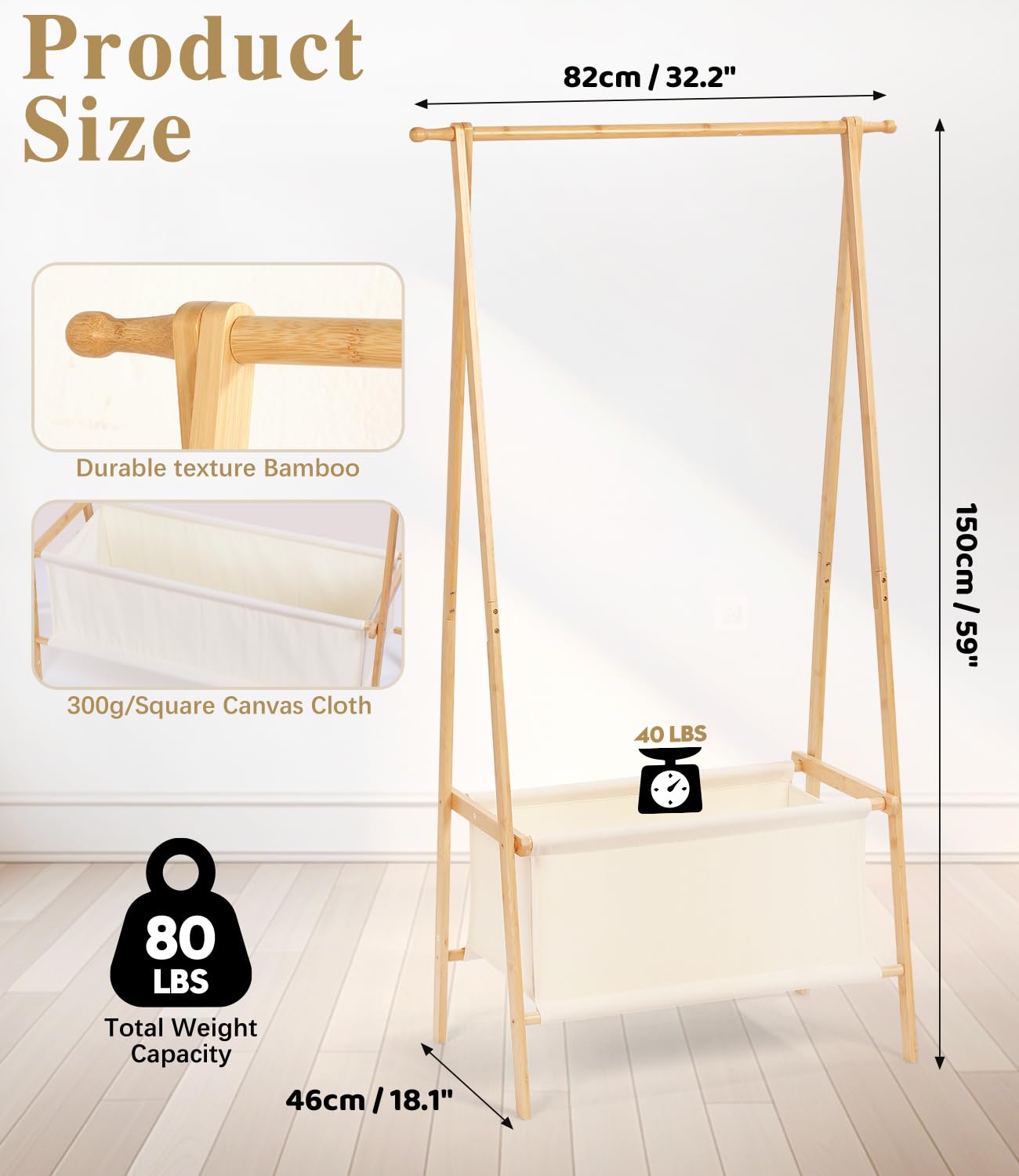 Relquorax Bamboo Clothes Rack with Storage Box, Portable Extra Large Garment Rack Clothing Rack, Foldable Wardrobe For Entryway and Bed Room (M)