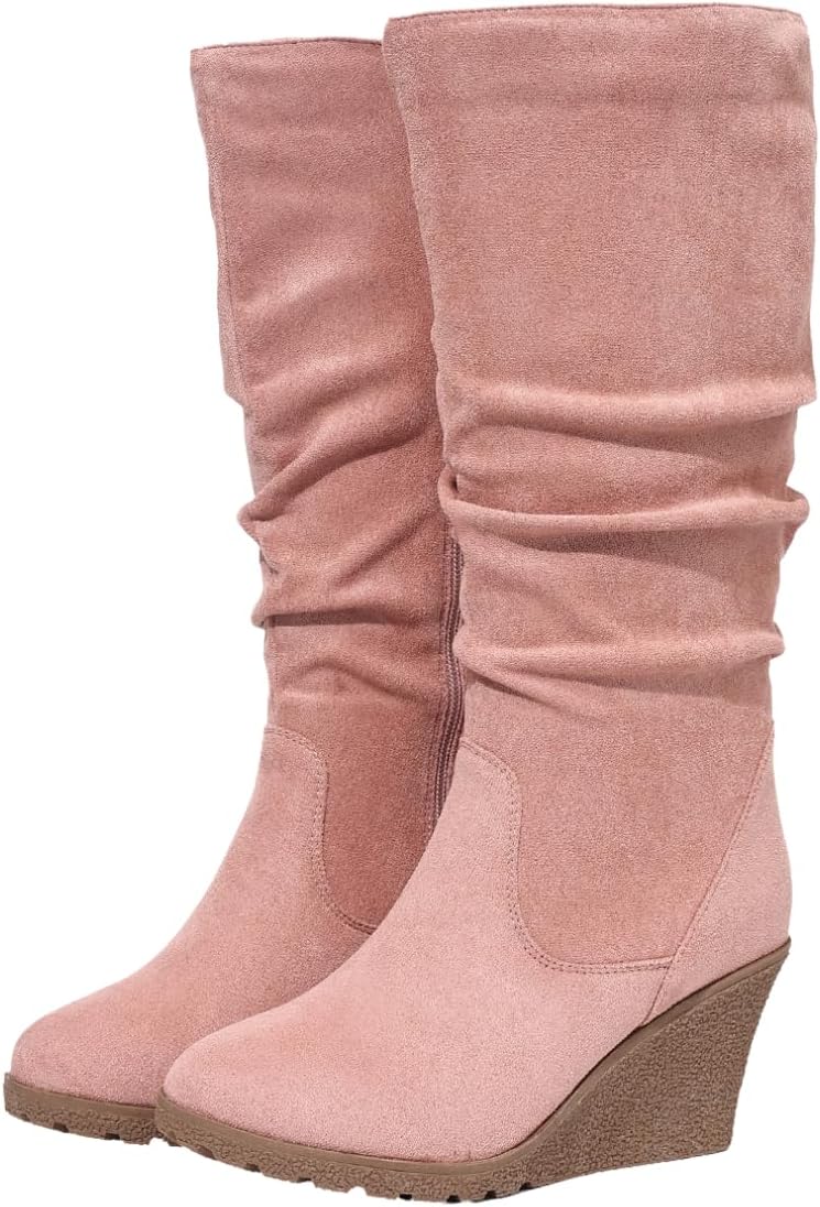 Women's Knee High Black Suede Boots with Wedge Heel, Wide Calf Design & Side Zipper, Non-Waterproof Fashion Boots