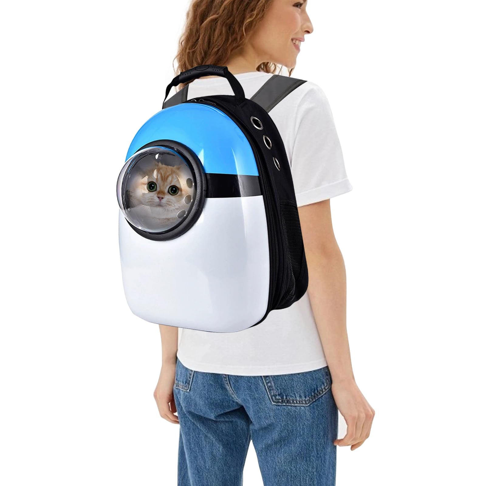 PETCUTE Mochila para Mascota,Transpirable Mochila Transportín Perro con Correa de Hombro Ajustable,Cremalleras Dobles,Bolsa de Transporte de Burbujas para Gato de Perro Pequeños Animales Azul