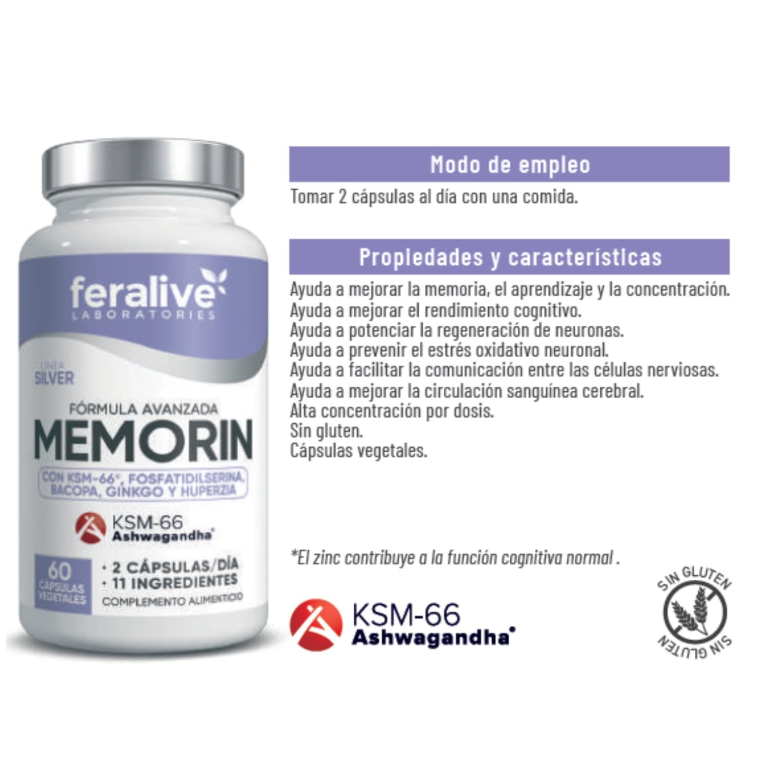 Memorin 60 Cápsulas – Fórmula con KSM-66® Ashwagandha, Bacopa, Ginkgo, Fosfatidilserina – Suplemento para Memoria, Concentración y Rendimiento Cognitivo