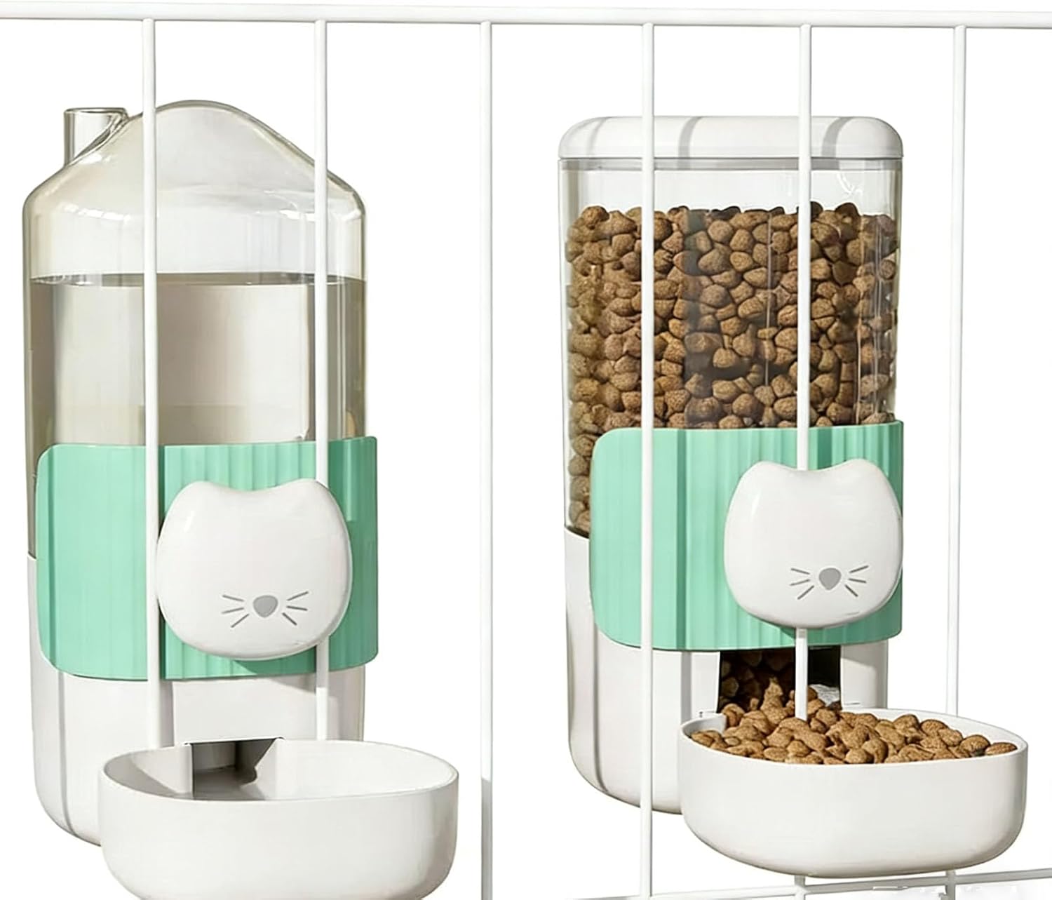 Hanging Automatic Cat Feeder and Water Dispenser Set, Gravity Pet Food & Water Bowl for Wire Cage, No-Spill Pet Feeding Station for Small Dogs Rabbits (Green)