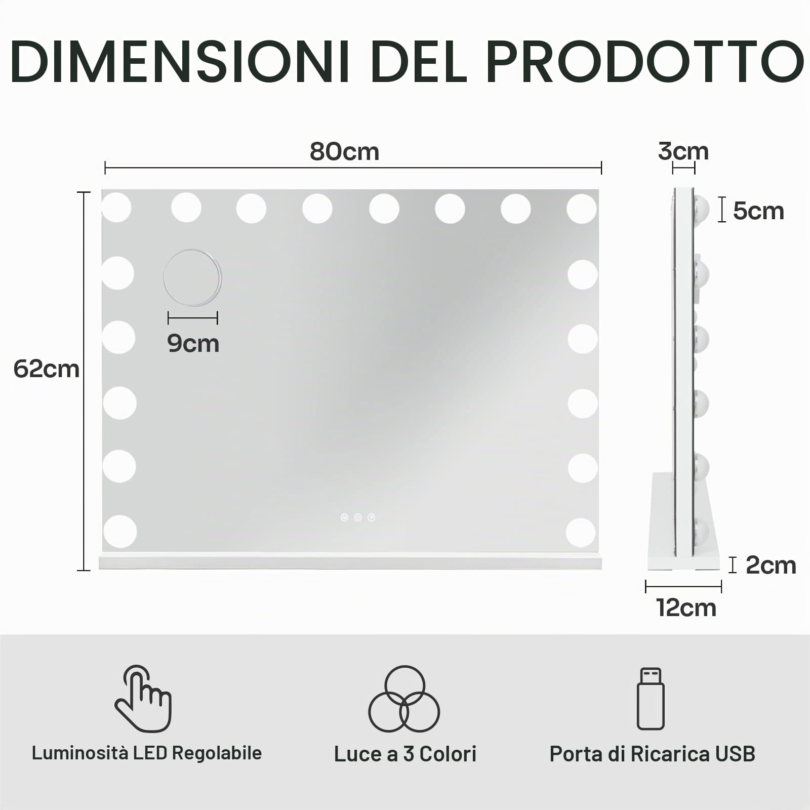 Specchio da trucco con illuminazione, 80 x 60 cm, Hollywood, con 18 LED | Specchio cosmetico con 3 colori di luce, con USB, ingrandimento 10x, touch control, piano da tavolo, bianco