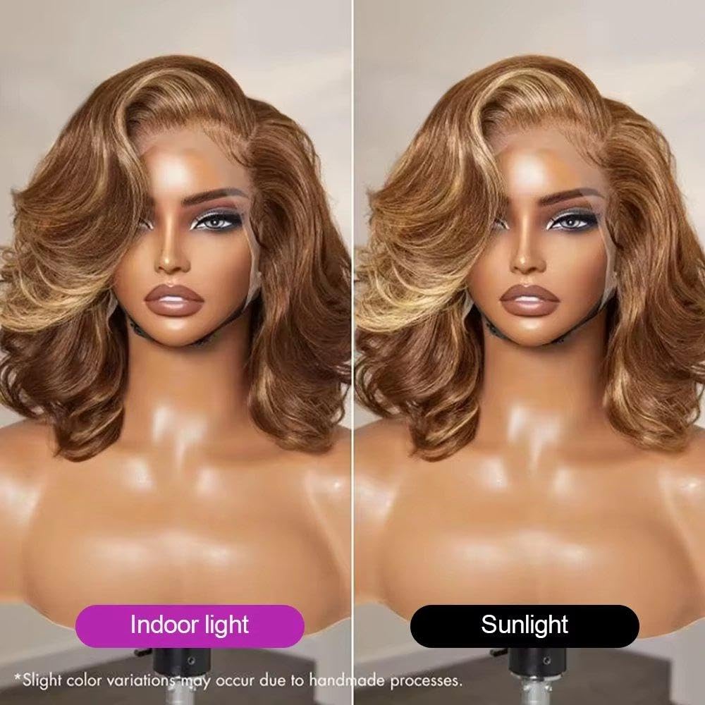 Haarpflege Honigblonde Highlight-Körperwelle Bob-Echthaar-Perücke 13 X 4 HD Transparente Spitze-Front-Perücken(180%,10inches)