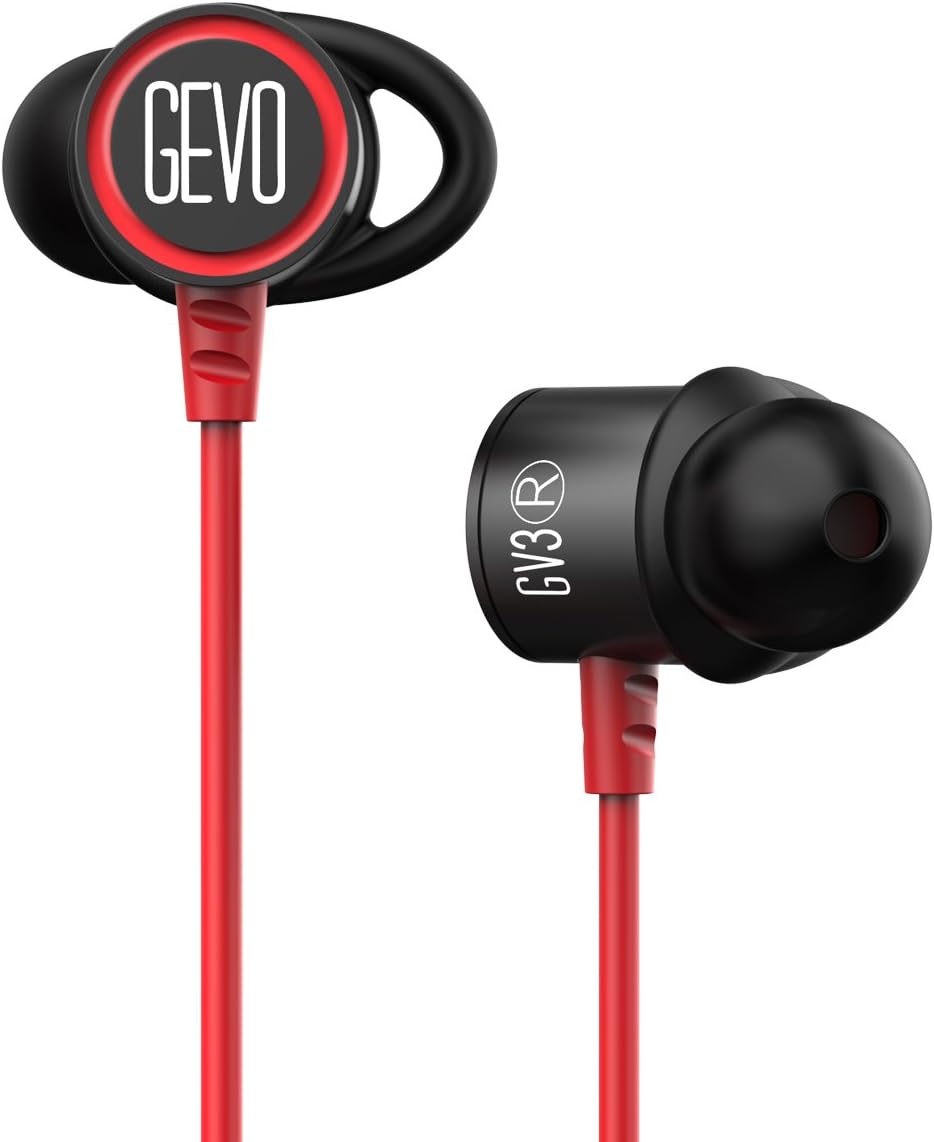 Noise lsolating Headphones GEVO In Ear Earphones(Wired Earphones with Microphone, Interchangeable Ear-Buds and Hooks, Secure Fit for Gym Running Jogging, and In-Ear Earbuds for iPhone iPod iPad Laptop Mac and Android) (black&red)