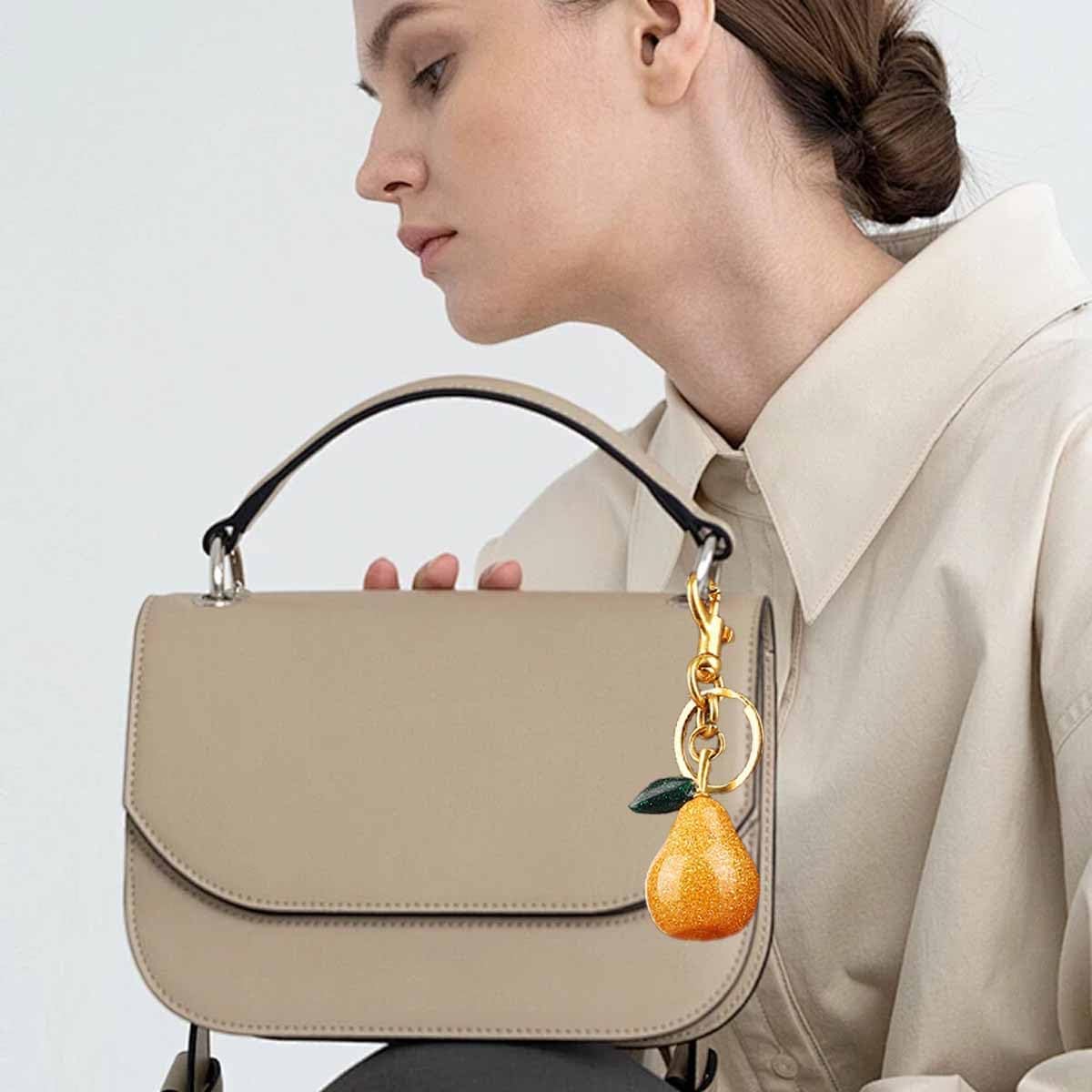 2 PCS Pear Bag Charms Cute Fruit Keychains Shiny Purse Charm Fashion Key Chain Accessories for Women Girls for Handbag Backpack Crossbody Bags Decorative Widgets (Green, Orange - Image 4