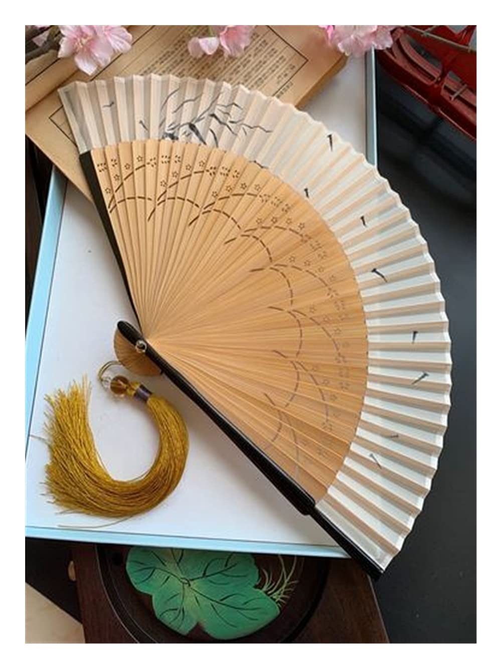 NZPOST Folding fan Chinese Style Ancient Style Bamboo Handle Folding Fan Juan Cloth Female Fan Cherry Blossom Portable Jump Dance Fan fan (Navy 21cm)