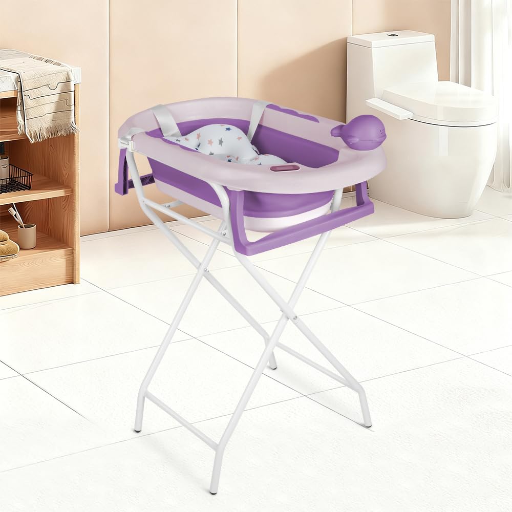 Bañera Bebé, con cojín, bañera plegable para bebés con termómetro digital, para bebés de 0 a 24 meses (morado - con soporte)