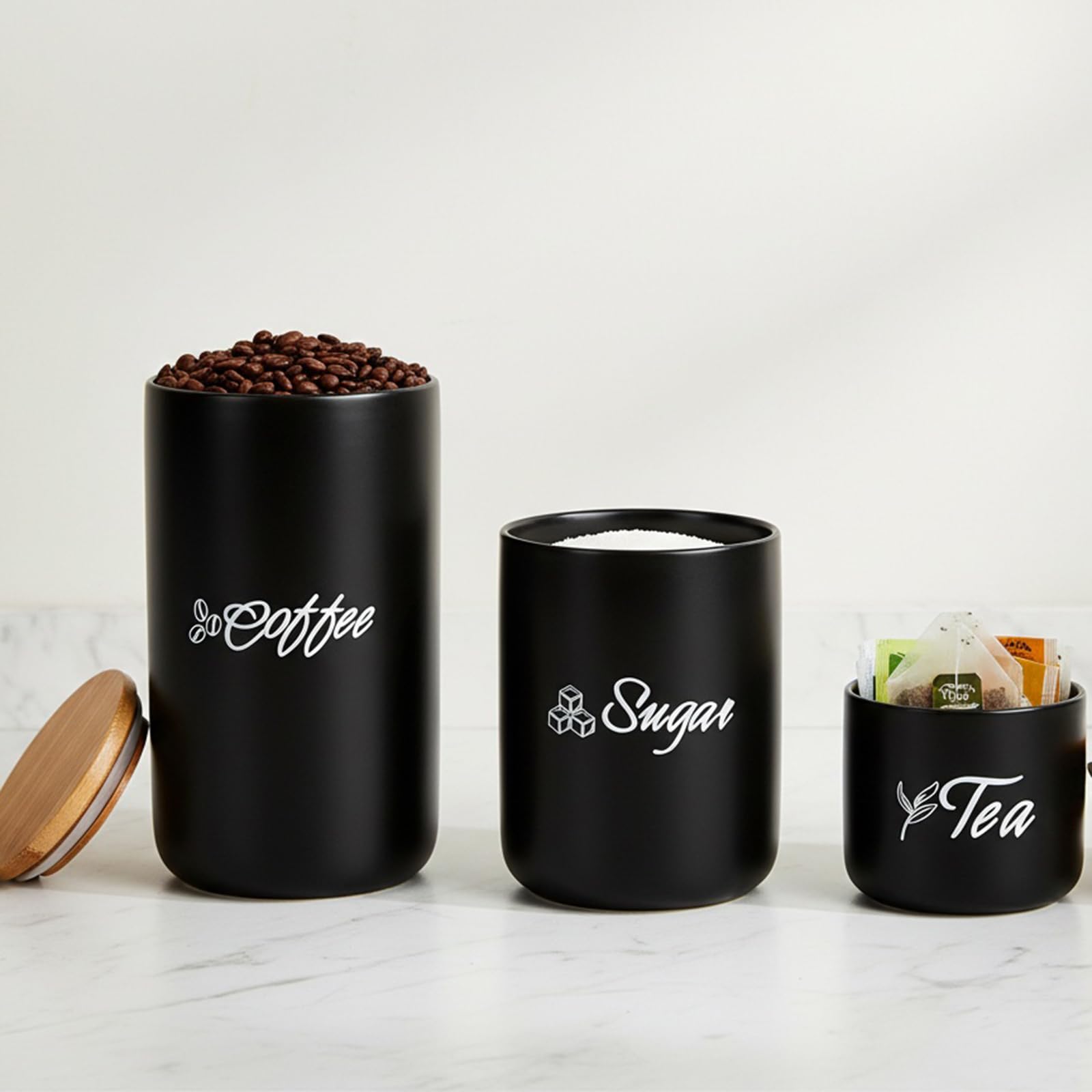 TOPZEA Set di 3 contenitori da cucina, in ceramica, con coperchio in bambù, ermetici, per tè, caffè, zucchero, cucina, vasetti per alimenti, vasetti per dispensa, piano di lavoro, nero