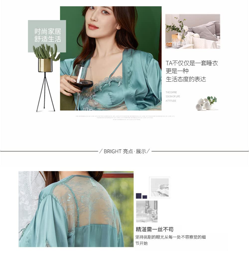 OZEO Chemises De Nuit Femme,Deux Pièces en Satin Peignoir Couture Dentelle Kimono Noir Léger Pyjama Court Ensemble Sexy Babydoll Mariée Robe De Chambre Vêtements De Nuit Bademantel Damen,M