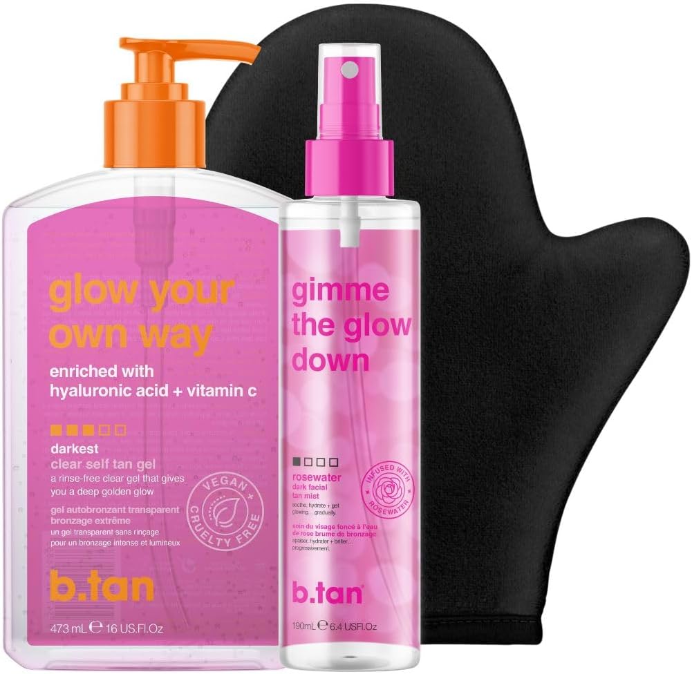 b.tan Best Clear Self Tan Gel & Face Spray Kit | Glow Your Own Way + Mist Bundle - Dark, 1 Hour Express, Transfer-Resistant Fake Tanner Gel with Gradual Tan Facial Mist, with Body Mitt Applicator