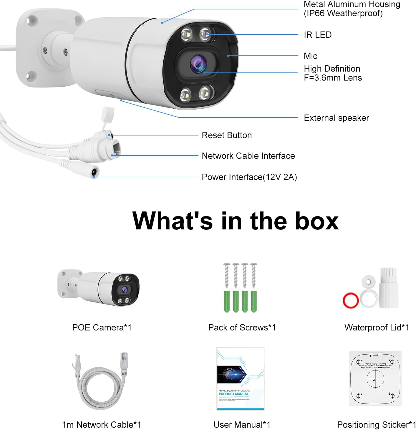 Contents of the JideTech 5MP PoE IP Bullet Camera package, including the camera, manual, screws, and waterproof cap.