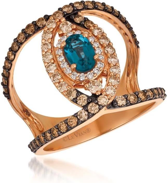 LE VIAN 1 Carat Chocolate and Vanilla Diamond Statement Ring for Women I 14k Rose Gold Ring for Her with 0.6 Carat Oval Shape Blue Topaz (Brown/G-H, VS2-SI1, 1.02 cttw) Anniversary Band Size 7