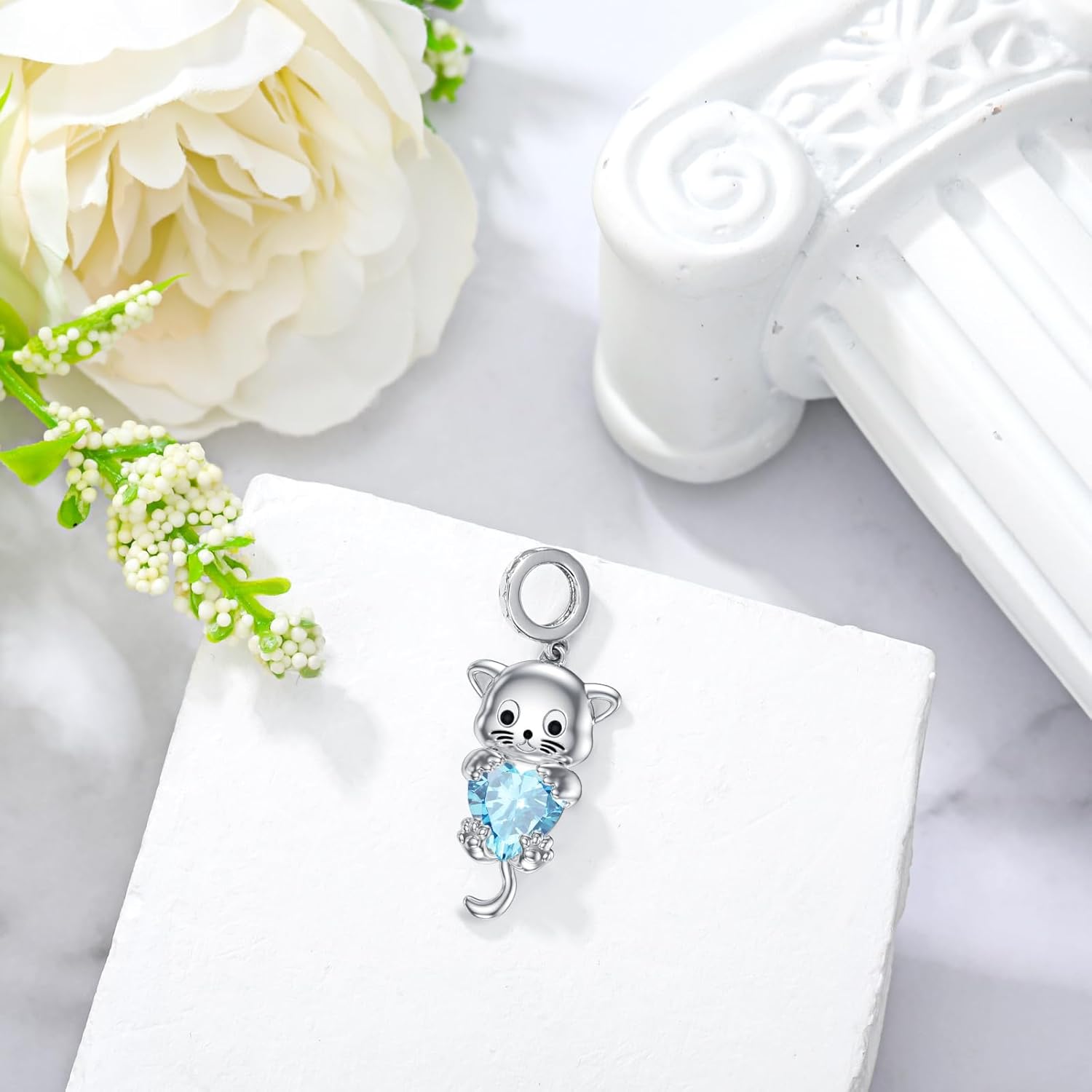 LONAGO Cat Charm with Birthstone Silver Cat Birthstone Bead Charm Gift for Women