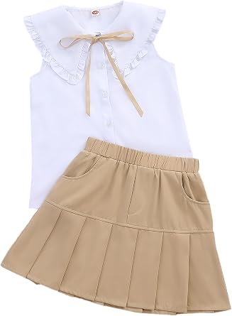 Girls Skirt Sets 2 Piece Outfit Spring Summer Clothes Peter Pan Collar Tops Ruffle Mini Skirts with Bow 3-12Y