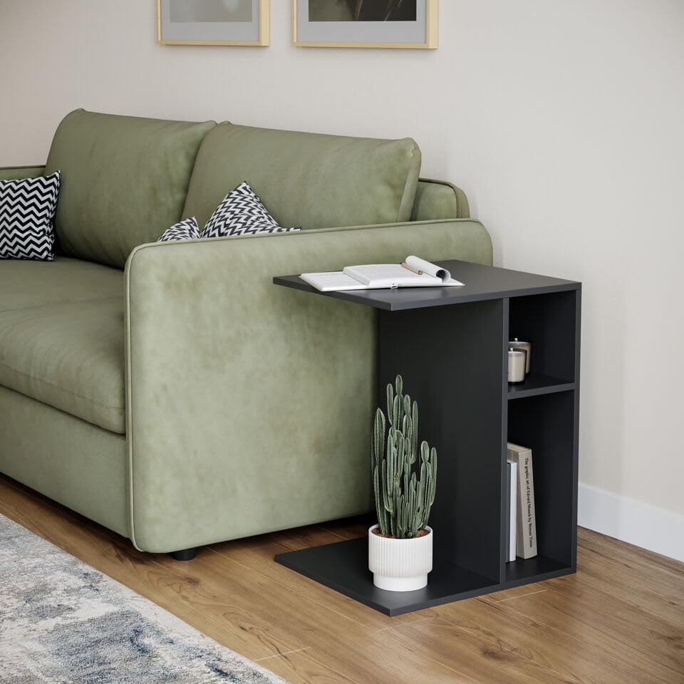 URBNLIVING Modern 2 Compartment C-Shape Wooden Sofa End Side Table - Multi-Functional for Bedside, Living and Sturdy Room - Open Shelf Storage - Compact Design