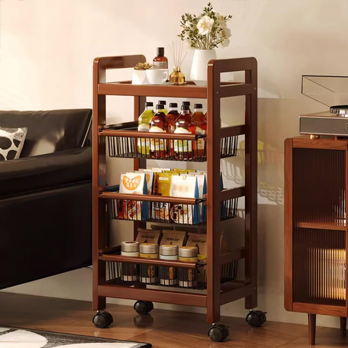 Carrello Portaoggetti Con Ruedas Compacto Con Cestas Extraíbles Y Superficie De Madera Organizador Móvil De Almacenamiento Para Cocina Con Asa Para Espacios Reducidos(4-Tier)