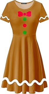 Women Christmas Print Tunic Dresses Thanksgiving Short Sleeve Elastic Waist Dress