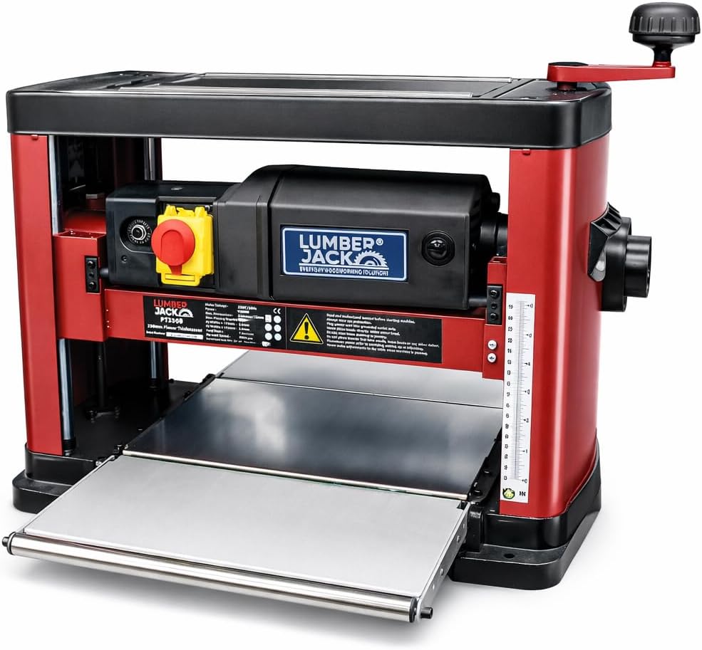 Lumberjack Planer Thicknesser Woodworking, Electric Wood Thickness Planer, 330mm Bench Top Portable Thicknesser Machine, 240V, Red