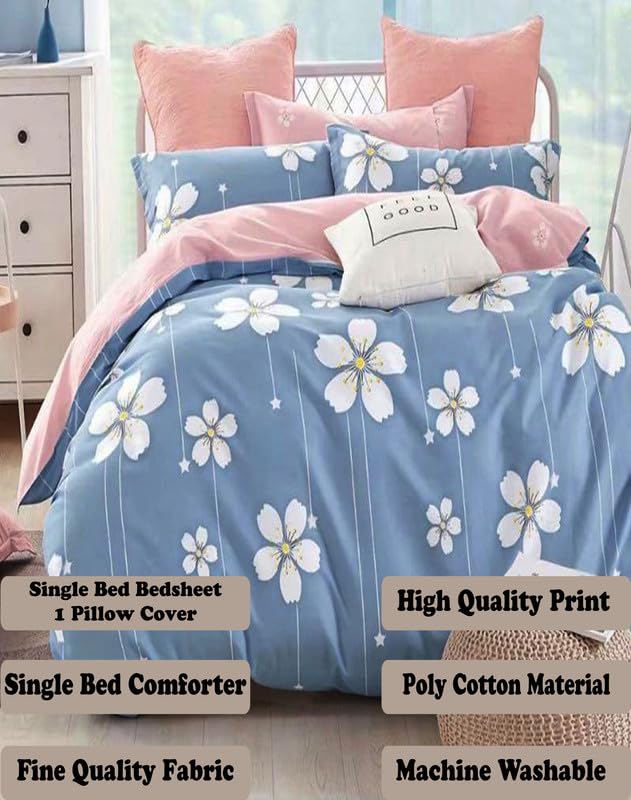 Image of Polycotton Printed 120 TC Comforter & Bedsheet Single Bed Bedding Set, Queen Size (60x90 inch), Blue & White, 3 Pieces