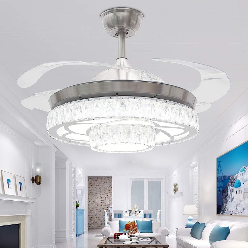 Buy 1 get 1 🔥 Southerns Lighting 42 Inch Modern Crystal Ceiling Fan Light with Remote Control 3 Changed Light 6 Fan Speed Retractable Blade Ceiling Fan Chandelier Light for Living Room Bedroom Reversible Ceiling Fan (Chrome-04)