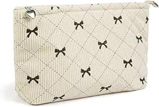 1Pcs Beige Cosmetic Bags Bows Travel Quilted Makeup Bag Cotton Coquette Aesthetic Purse Travel Makeup Bag for Women