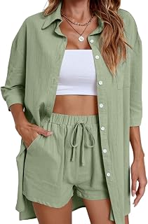 Women Two-piece Top and Shorts Set Casual Tracksuit Cotton Linen Button Down 3/4 Sleeve Shirt Drawstring Shorts