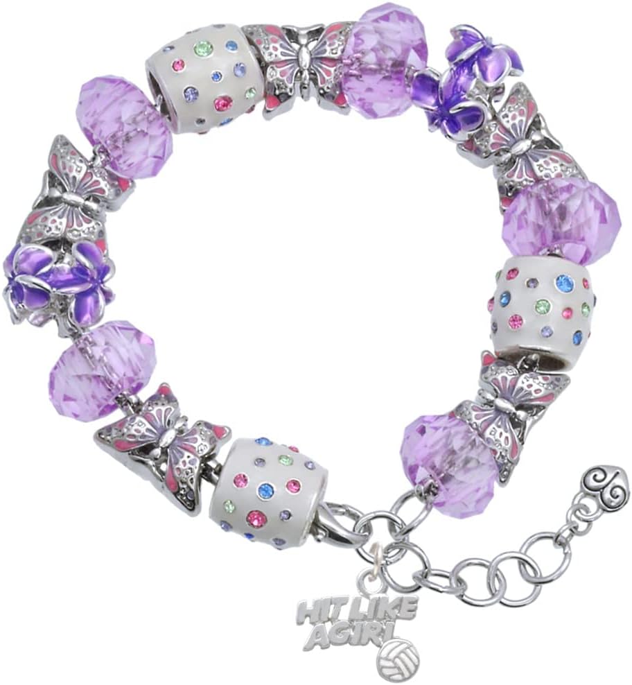 Delight Jewelry Silvertone Hit Like a Girl with Enamel Volleyball Purple Butterfly Bead Charm Bracelet, 7"+1" Extender