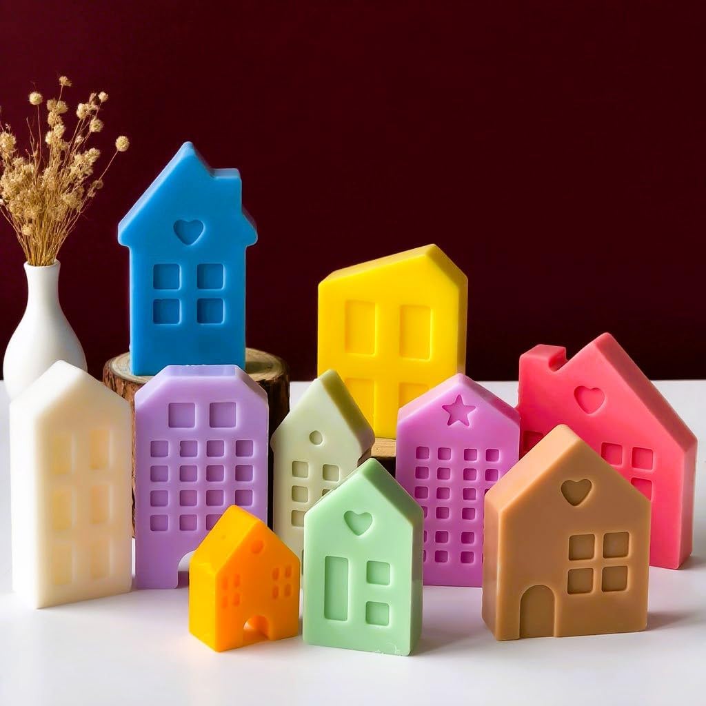 10 Cavity House Shaped Silicone Molds, European Style Houses Resin Molds for Epoxy, Plaster, Wax, Soap, DIY Cottage Candle Mold for Dollhouse Decor Craft Making Gifts