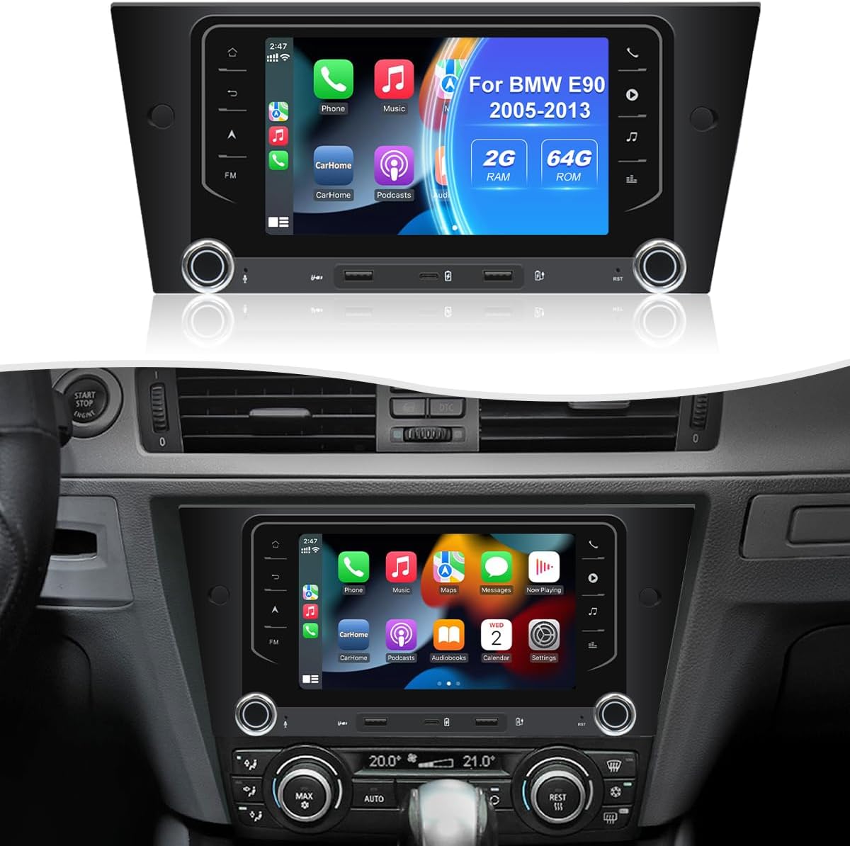 2+64GB Car Stereo 7" CarPlay Car Radio for BMW 3 Series 2005-2013(E90/E91/E92/E93), Android Auto Touchscreen Car Stereo, Bluetooth DSP FM Backup Camera and USB Port Non-Fiber Optic Version