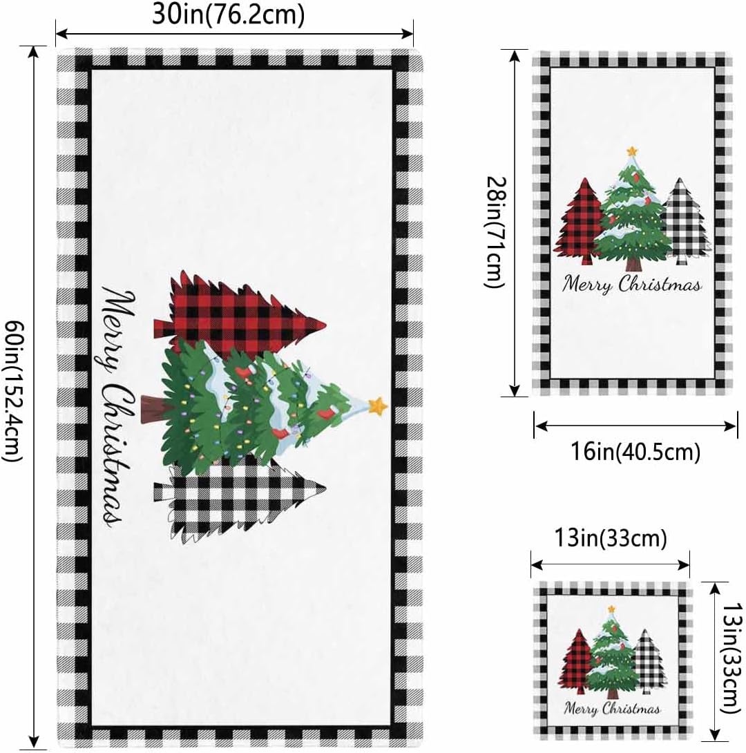 Merry Christmas 3 Piece Bath Towels Set, Winter Xmas Tree Black Plaid Soft & Absorbent Towels for Bathroom, Hotel (1 Bath Towel 30x60, 1 Hand Towel 16x28, 1 Washcloth 13x13)