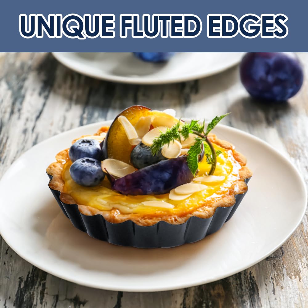 Quyimy 8 Packs 10cmTart Tins Quiche Dish Tart Pans 4 inch Removable Bottom Round Fluted Quiche Tins Non-Stick Round Carbon Steel Individual Pie Dishes with Oil Brush&Silicone Scrubber - Image 3