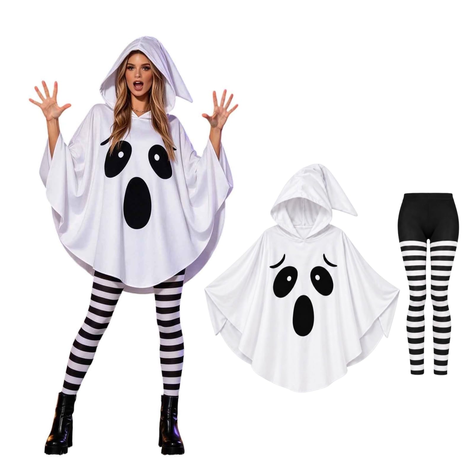 2PCS Womens Halloween Ghost Costume White Ghost Hooded Poncho with Leggings