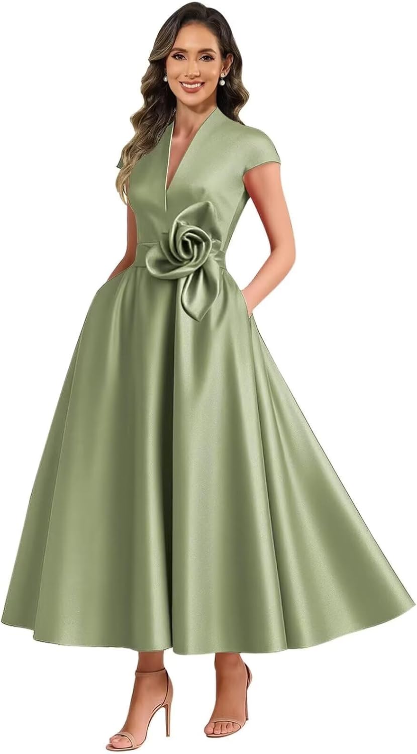Tea Length Satin Mother of The Bride Dresses for Women A Line V Neck Cap Sleeves Formal Evening Dress