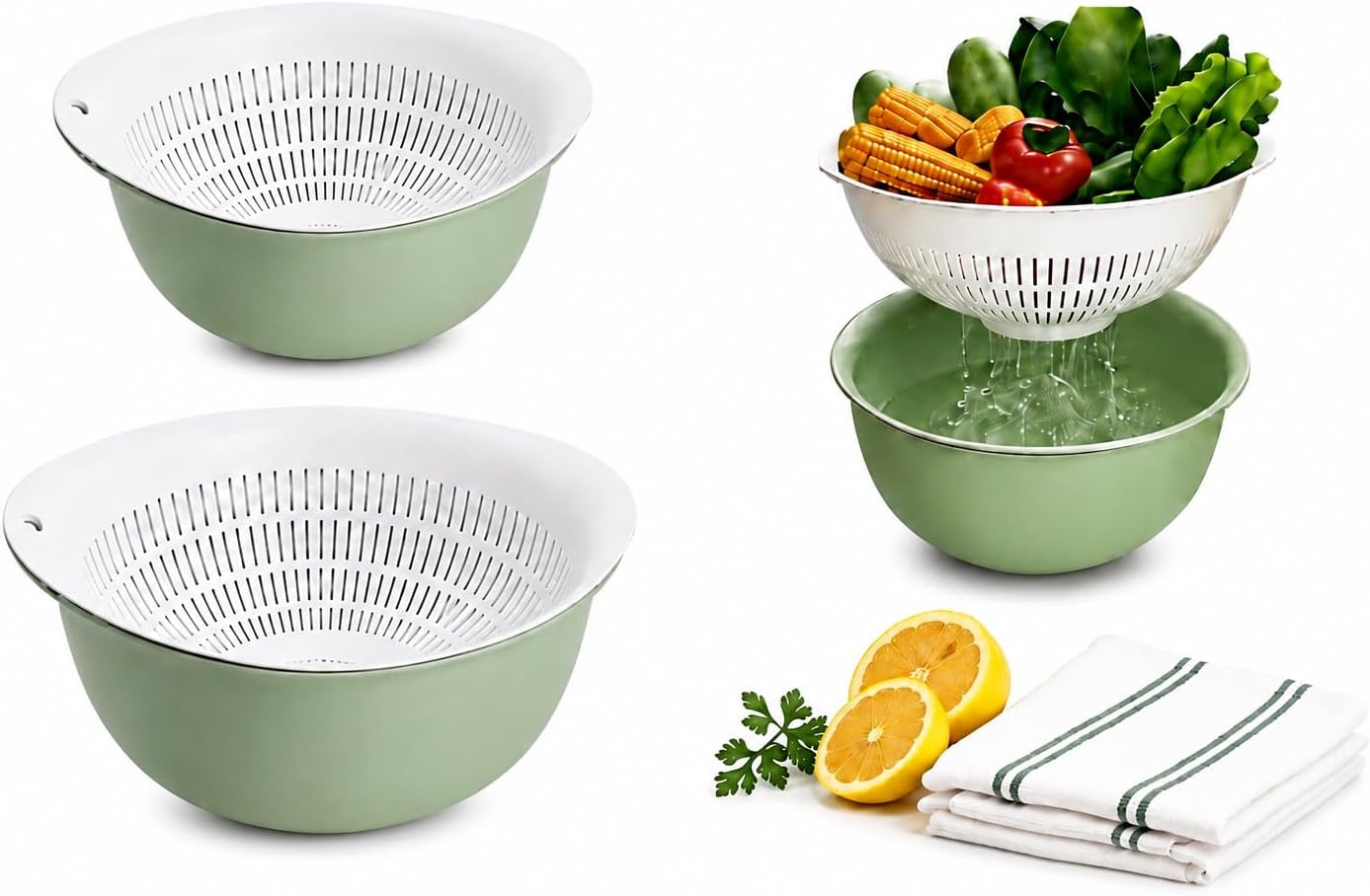 2 Sets Plastic Colander and Bowl Set, 4-Piece Pasta Strainer with Handles for Vegetables, Fruits, Salad & Food Washing, BPA Free, Mint Green & White