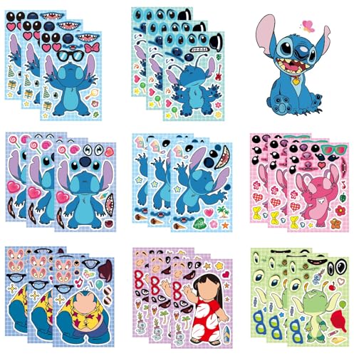JCQAYB 24pcs Make a face Stitch Stickers Mixed & Matched with 8 Characters(3of Each) Stickers Make Your Own Sticker for Party Decoration Reward Decor (24pcs-Stitch)