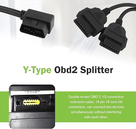 OBD2 16 Pin Splitter, 1 Male Splitter to 2 Female Extension Cable, 12 Inch OBD Splitters Extension, Fit for Most OBD 2 Interfaces (Black)