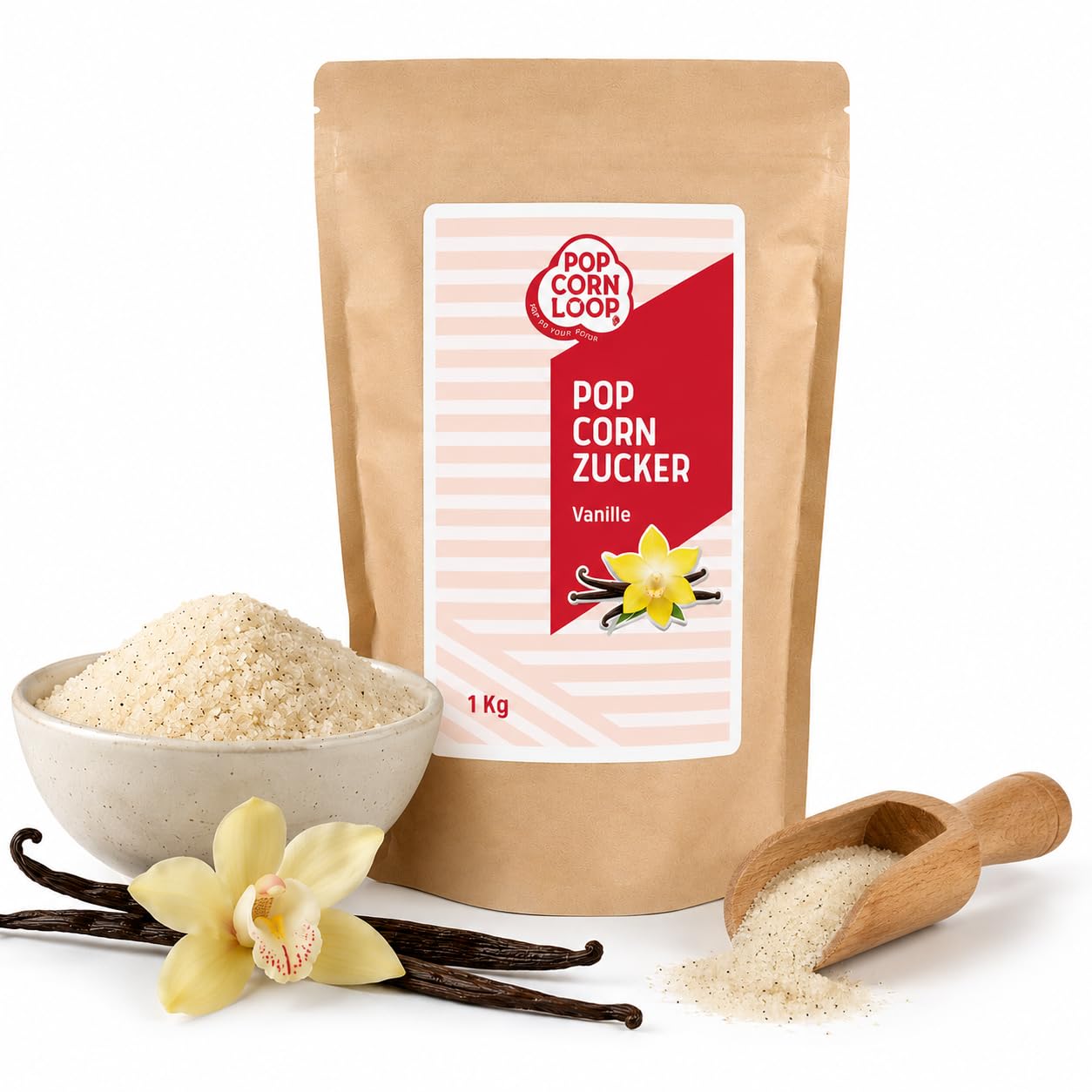 Popcornloop Sucre popcorn vanille 1000 g avec bourbon vanille sucre vanilline popcorn maïs épice pour affiner la cuisson dessert céréales yaourt 1.00 kg(Lot de 1)